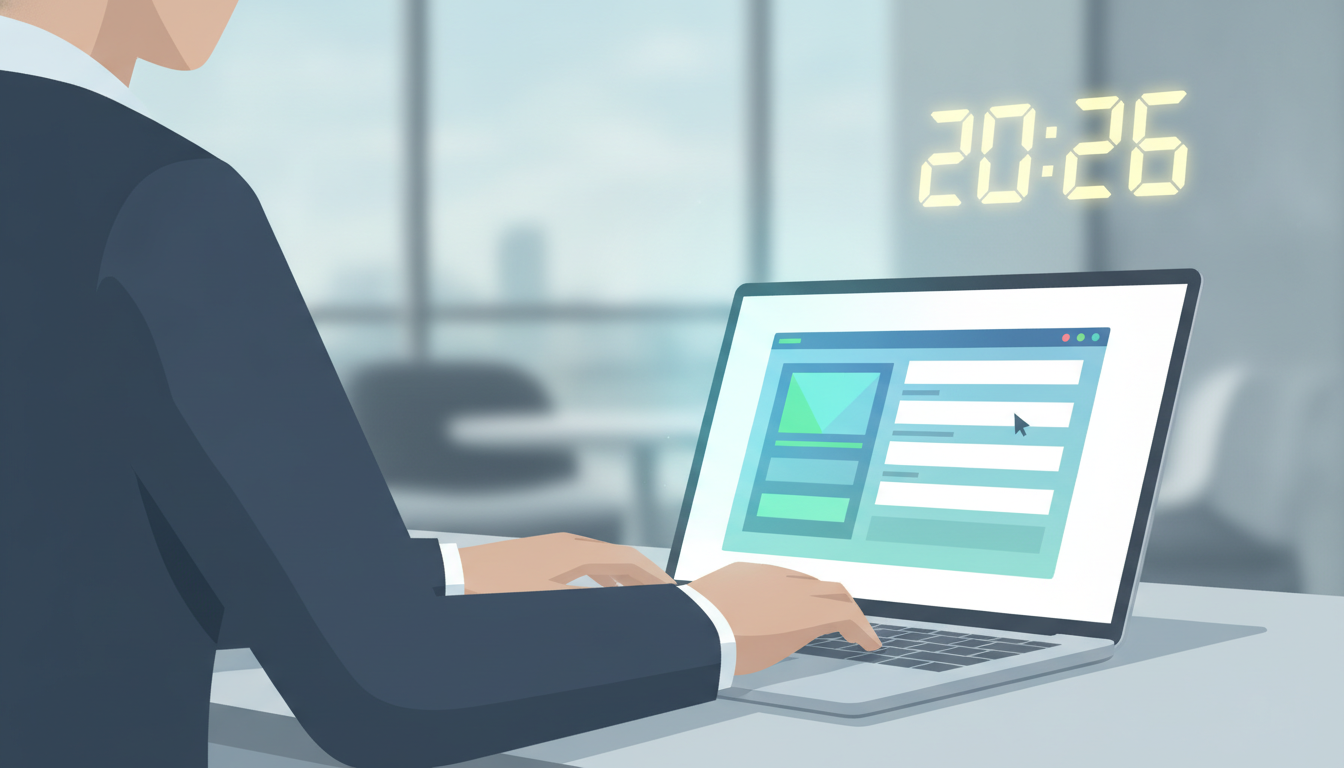 A person filling out an online form on a laptop, with a blurred background of a modern office and a digital clock displa