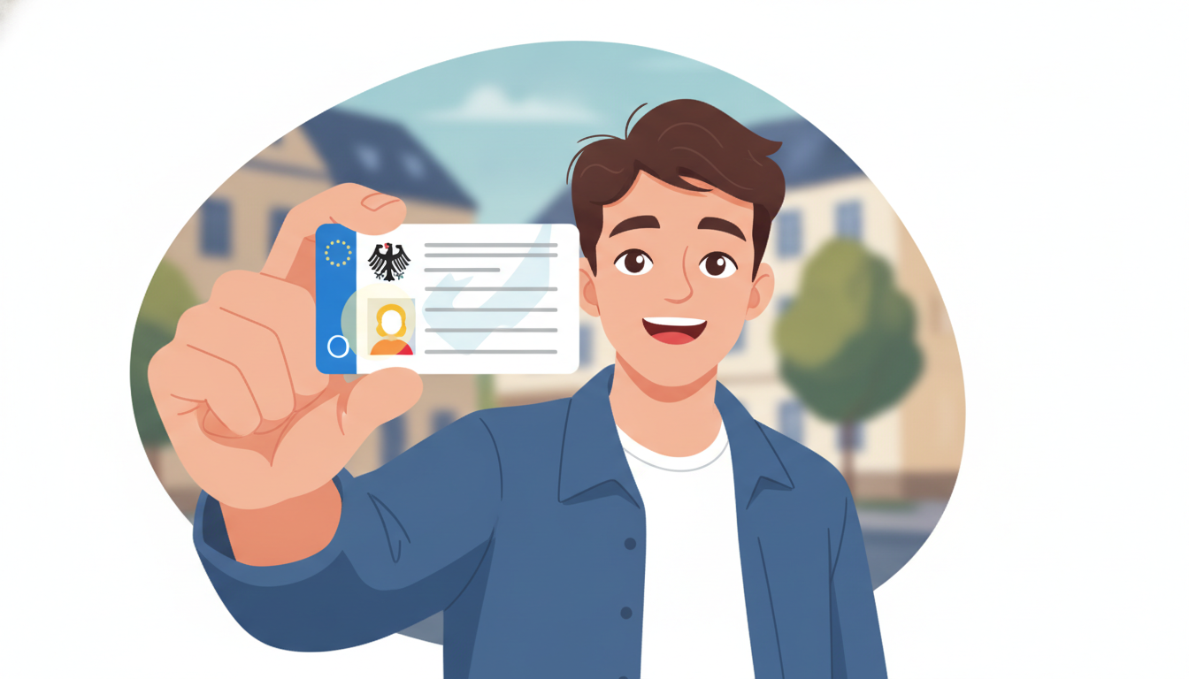 A young person confidently holding their newly acquired German driving license, with a blurred background of a street sc