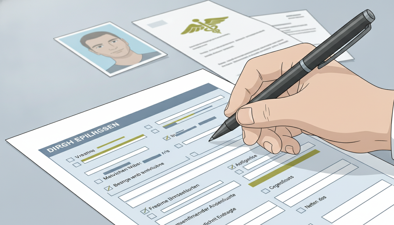 A close-up shot of a hand filling out an official German driving license application form, with a pen and various other