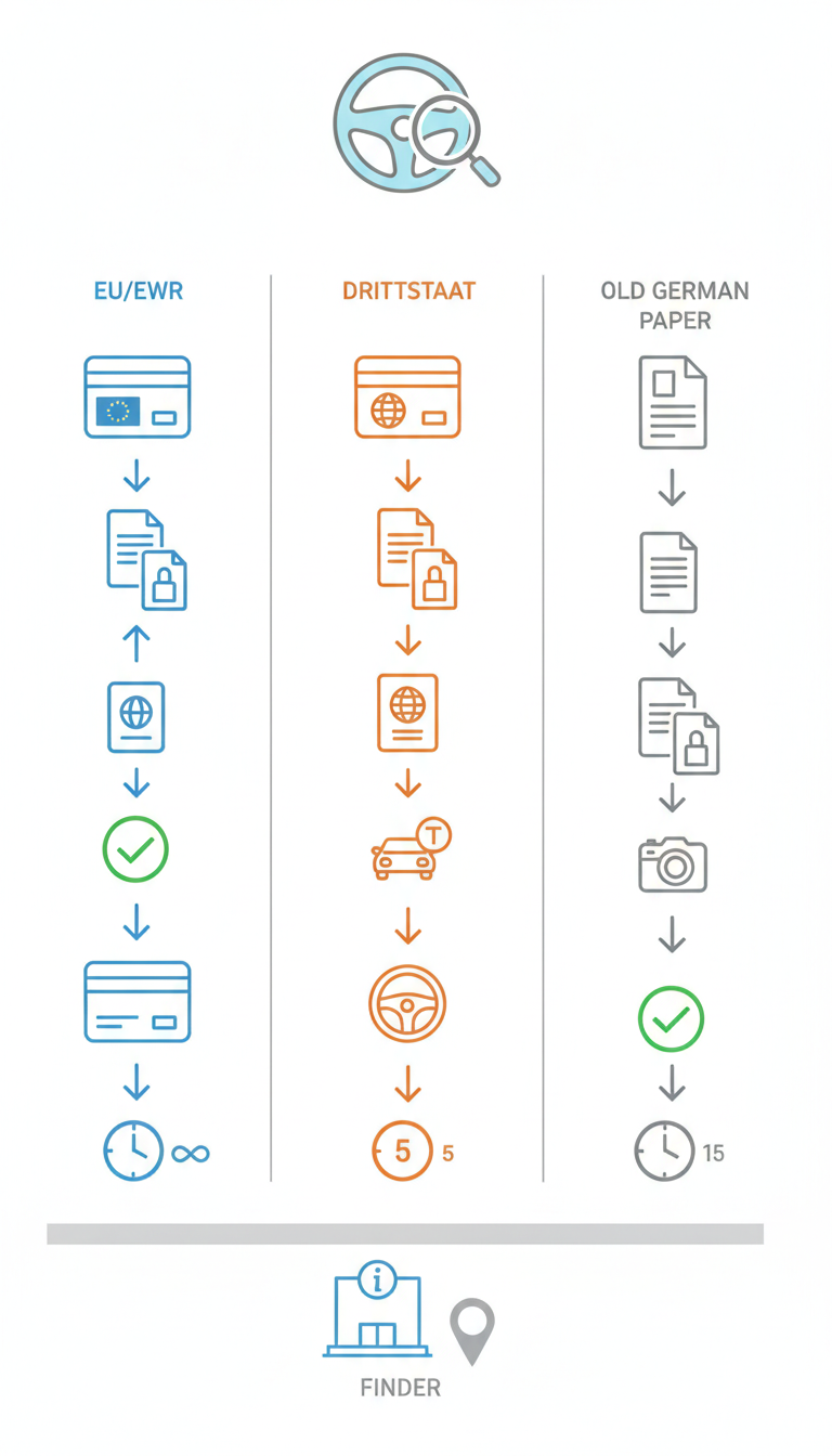 an infographic-style visual summary comparing the key requirements and steps for converting EU/EWR, Drittstaat, and old 